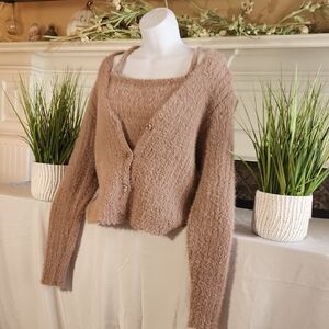 Pink Rose Fuzzy Knit Two-Piece Cardigan Set — Taupe NWOT